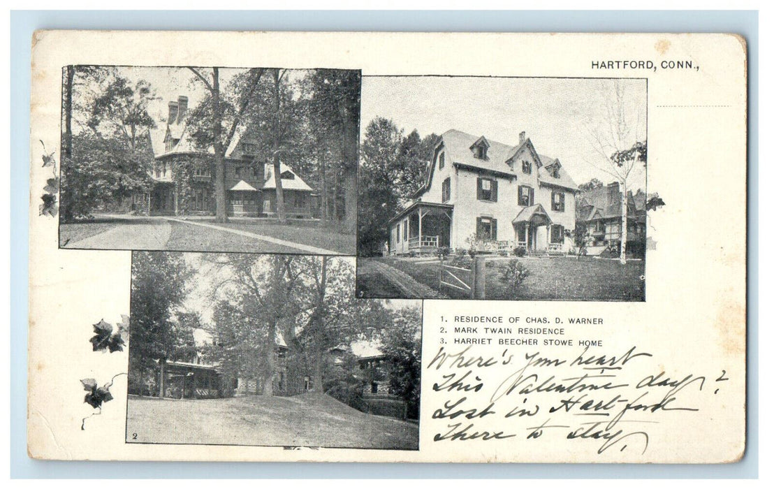 1902 Chas Warner, Harriet Stowe and Mark Twain Houses Hartford CT PMC Postcard