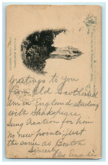 1901 Wallace Monument Abbey Craig Stirling Scotland Webster City Iowa Postcard
