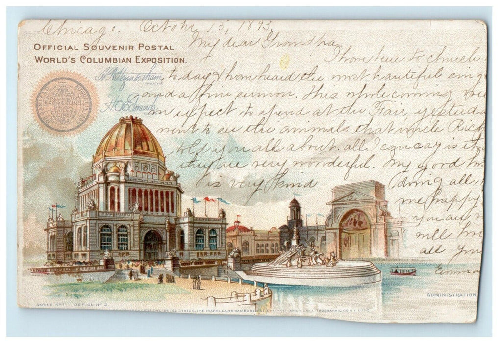 1893 Chicago IL, Administration Building World's Columbian Exposition Postcard