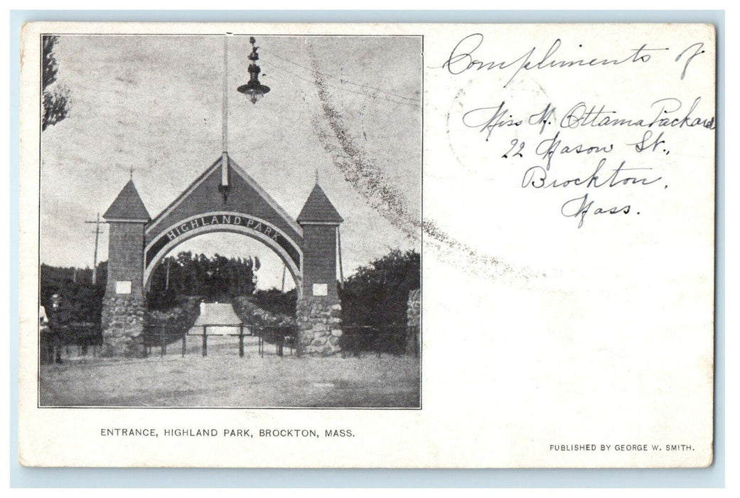 1905 Entrance to Highland Park Brockton Massachusetts MA Posted Postcard