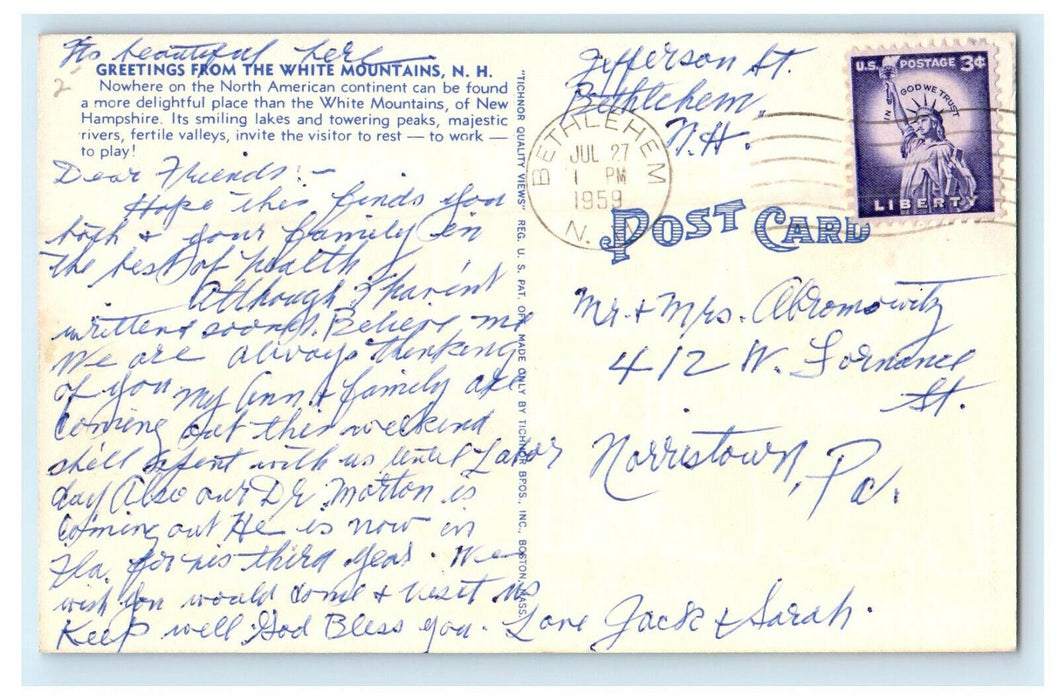 1959 Greetings from White Mountains, New Hampshire NH Posted Vintage Postcard