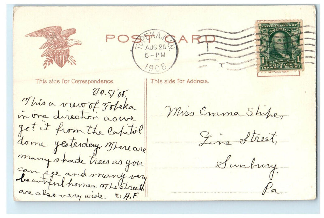 1908 Bird's Eye View of Topeka Kansas KS Antique Posted Postcard
