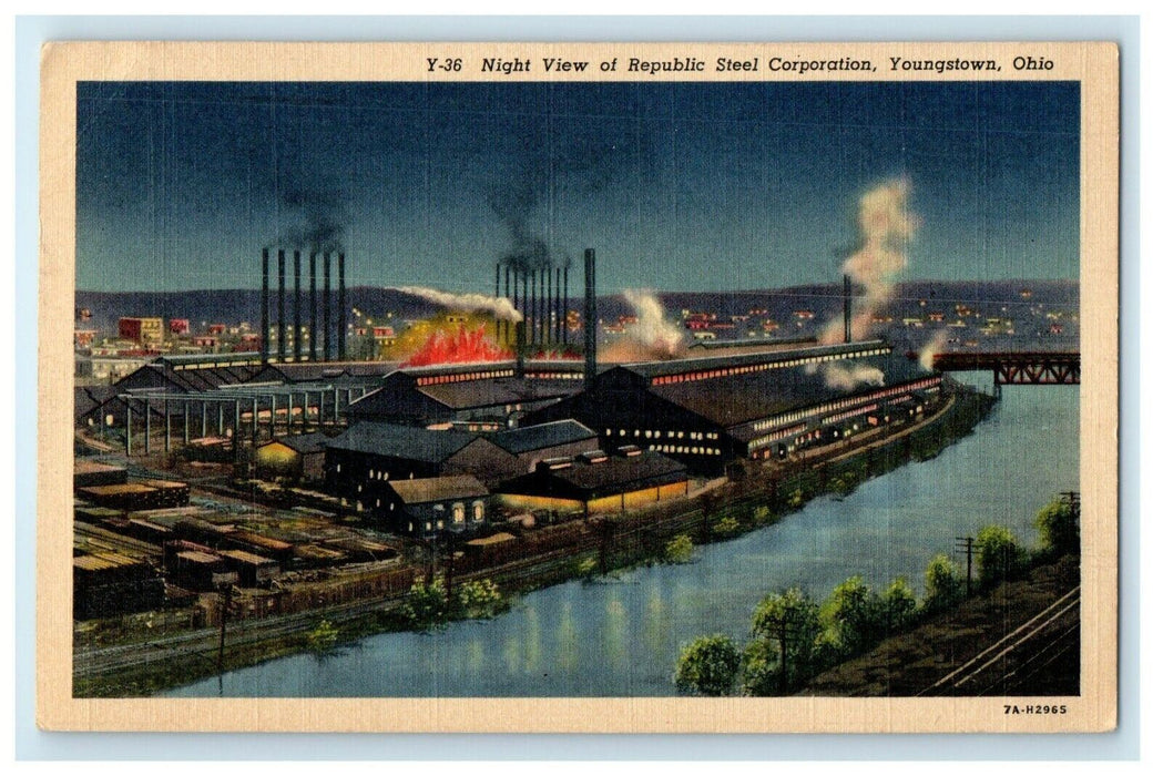 1938 Night View Of Republic Steel Corporation Youngstown Ohio OH Postcard