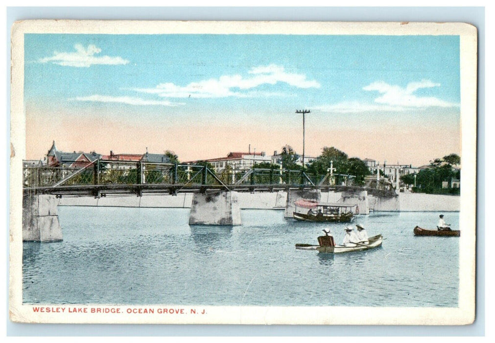 1918 Wesley Lake Bridge Boat Ocean Grove New Jersey NJ Posted Antique Postcard