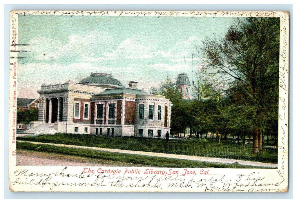 1906 The Carnegie Public Library, San Jose California CA Posted Postcard