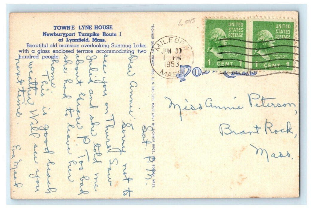 1953 Towne Lyne House Lynnfield Massachusetts MA Posted Vintage Postcard