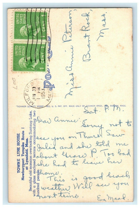 1953 Towne Lyne House Lynnfield Massachusetts MA Posted Vintage Postcard