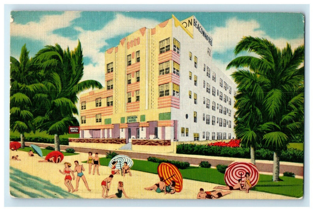 1955 Beacon Hotel On The Ocean Miami Beach Florida FL Beach Bathing Postcard