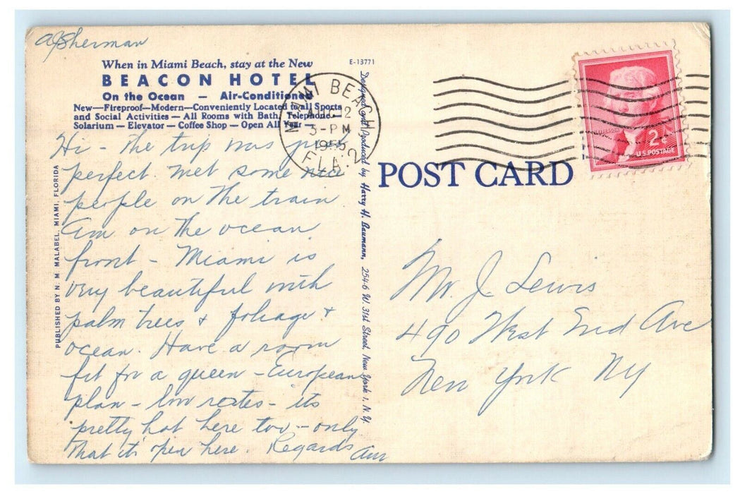 1955 Beacon Hotel On The Ocean Miami Beach Florida FL Beach Bathing Postcard