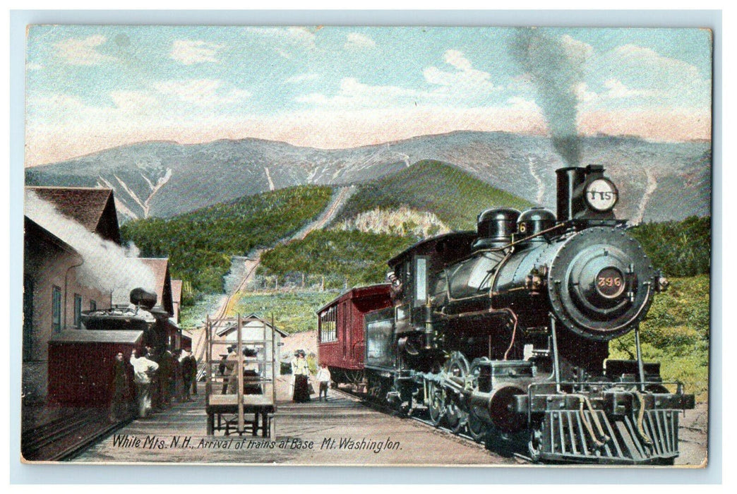 1908 Arrival of Trains at Base, Mt. Washington New Hampshire NH Postcard