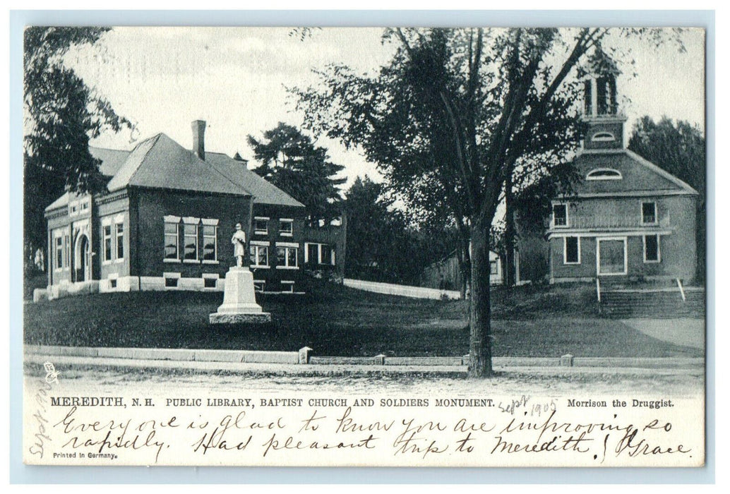 1905 Public Library, Baptist Church Meredith, New Hampshire NH Posted Postcard