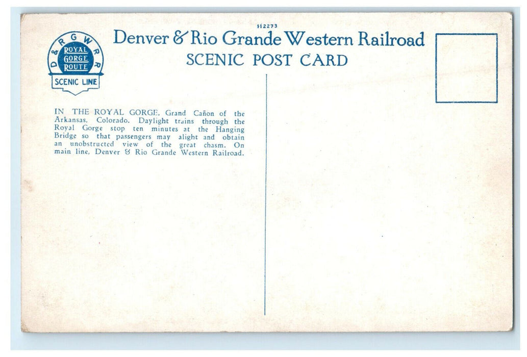 c1920s Railroad, Royal Gorge, Grand Canon of the Arkansas, Colorado CO Postcard