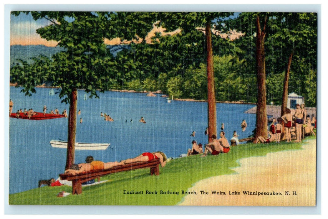 c1930s Endicott Rock Bathing Beach Lake Winnipesaukee, New Hampshire NH Postcard