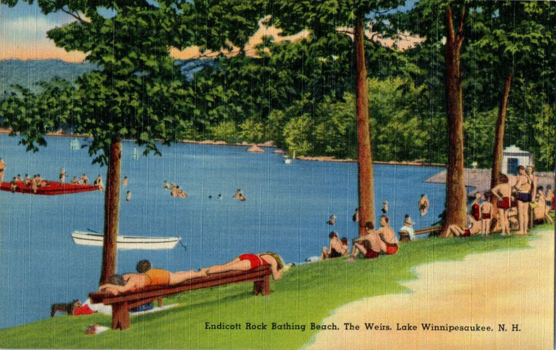 c1930s Endicott Rock Bathing Beach Lake Winnipesaukee, New Hampshire NH Postcard