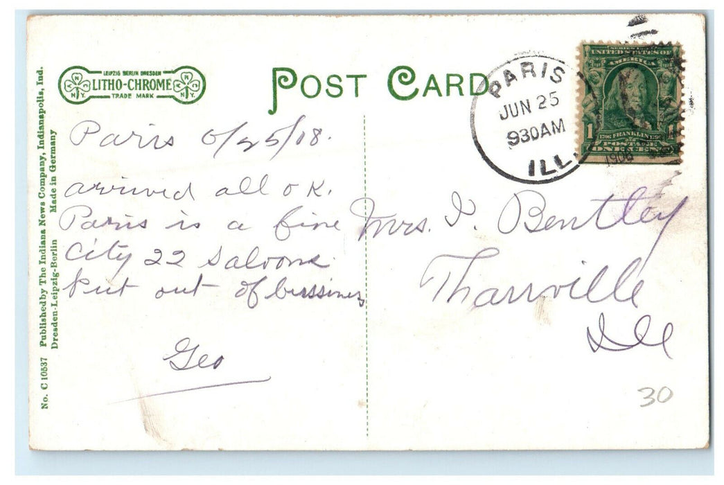1918 Christian Church Paris Illinois IL Antique Posted Postcard