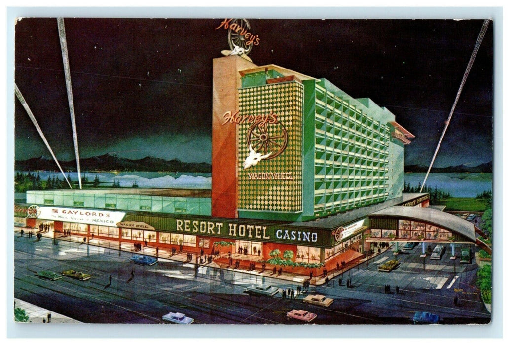 1964 Harvey's Resort Hotel Casino Wagon Wheel Cars Lake Tahoe CA Postcard