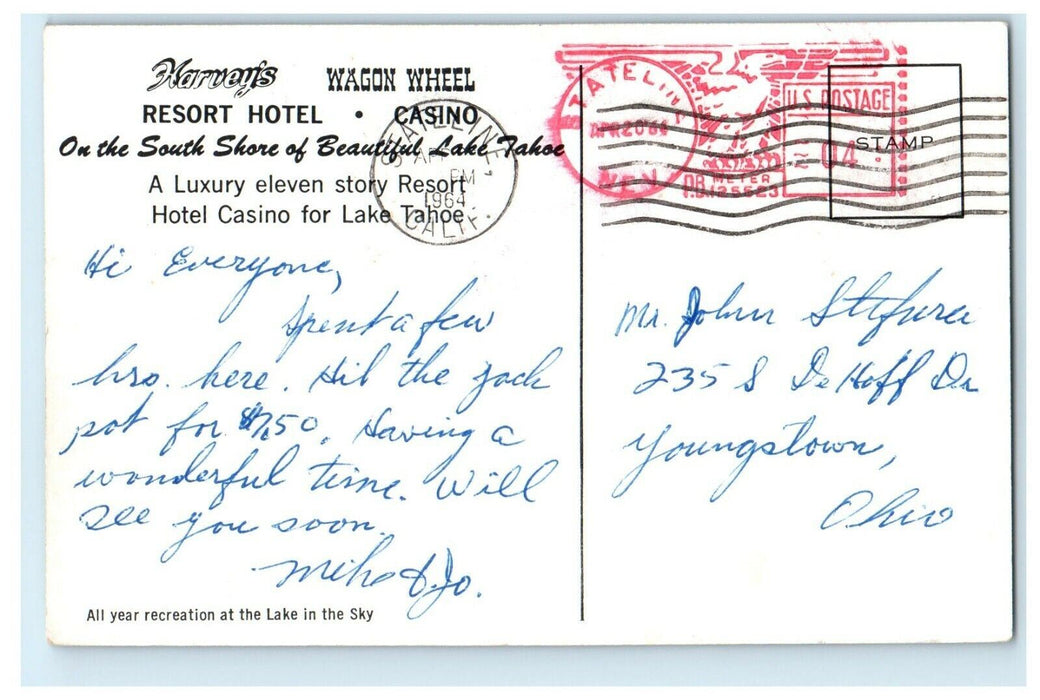 1964 Harvey's Resort Hotel Casino Wagon Wheel Cars Lake Tahoe CA Postcard