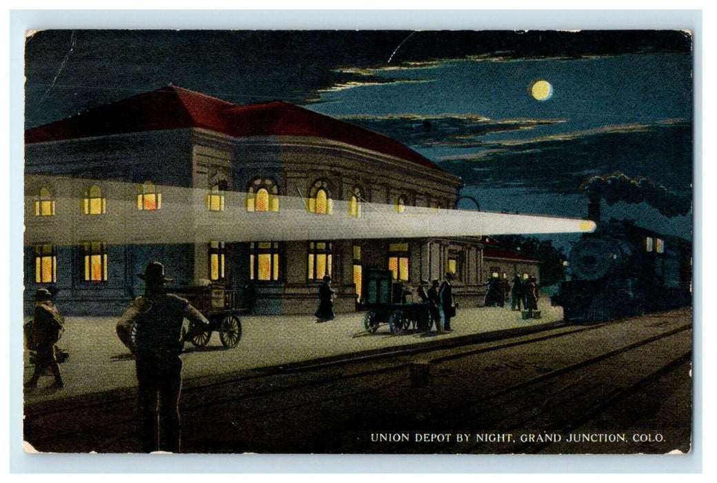1914 Union Depot By Night, Grand Junction Colorado CO Posted Postcard