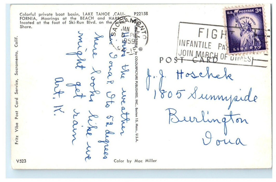 1959 Private Boat Basin Lake Tahoe CA, Morning At The Beach And Harbor Postcard