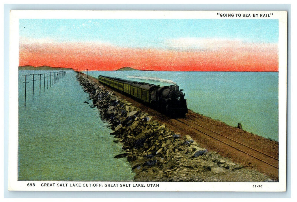 c1920s Great Salt Lake Lucin Cut-Off at Sunset Great Salt Lake Utah UT Postcard