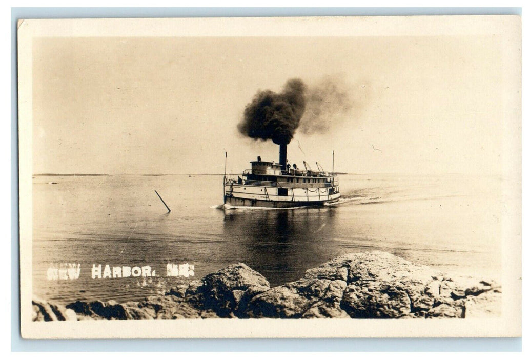 c1936 View of the Steamboat Arriving, New Harbor, Maine ME RPPC Photo Postcard