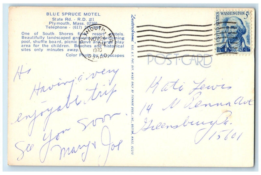 1970 Blue Spruce Motel Cars Plymouth Massachusetts MA Posted Vintage Postcard