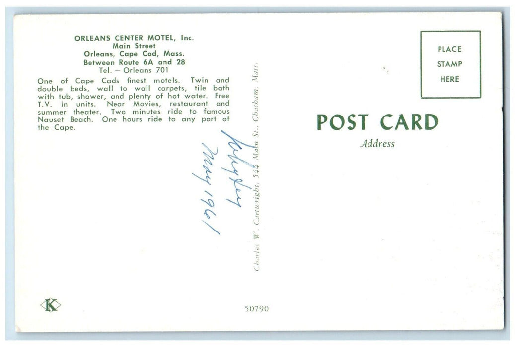 c1960's Orleans Center Motel Main Street Car Cape Cod Massachusetts MA Postcard