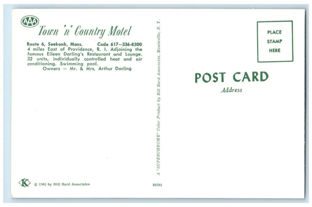 c1960's Town N Country Motel Pool View Seekonk Massachusetts MA Vintage Postcard