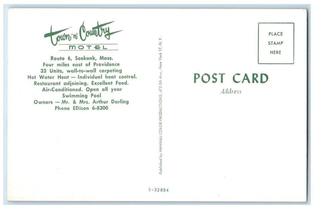 c1950's Town N Country Motel Cars Seekonk Massachusetts MA Vintage Postcard