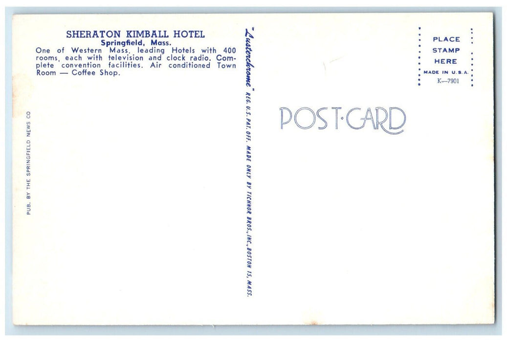Sheraton Kimball Hotel Building Cars Springfield Massachusetts MA Postcard