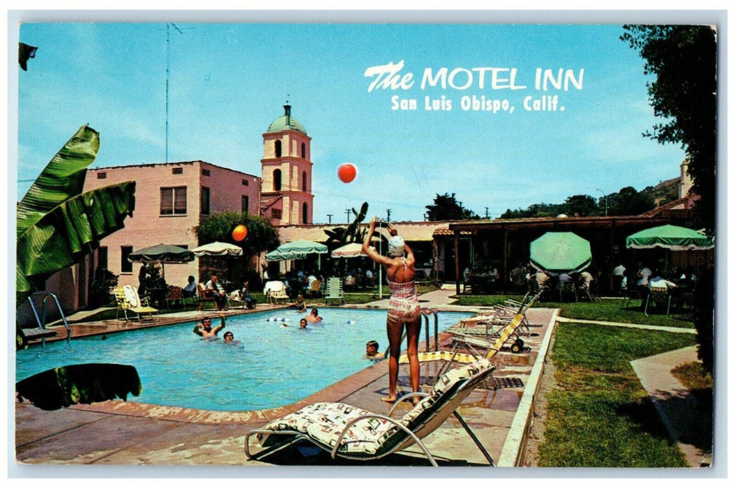 1963 Pool, Balloon, Chairs, Umbrellas, The Motel, San Luis Obispo CA Postcard
