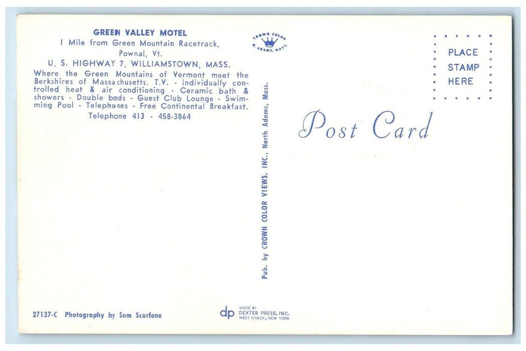 Green Valley Motel U.S Highway 7 Williamstown Massachusetts MA Vintage Postcard