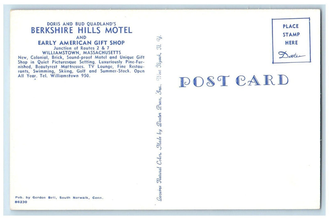 Berkshire Hills Motel And Gift Shop Williamstown Massachusetts MA Postcard