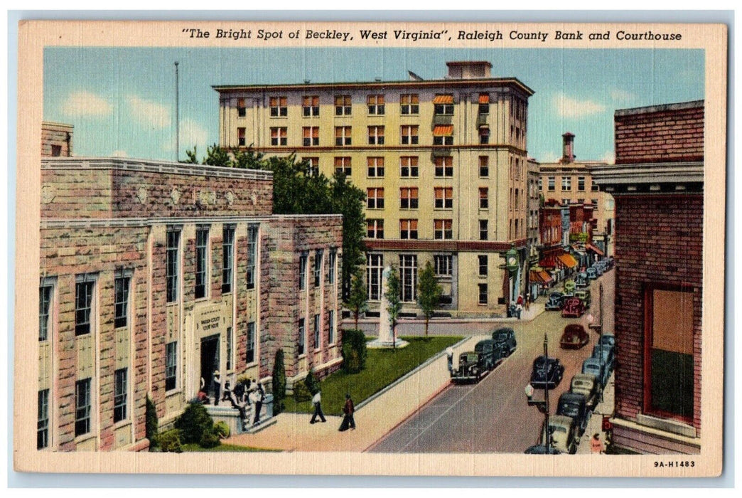 c1930's Beckley WV, Raleigh County Bank &And Courthouse Building Cars Postcard