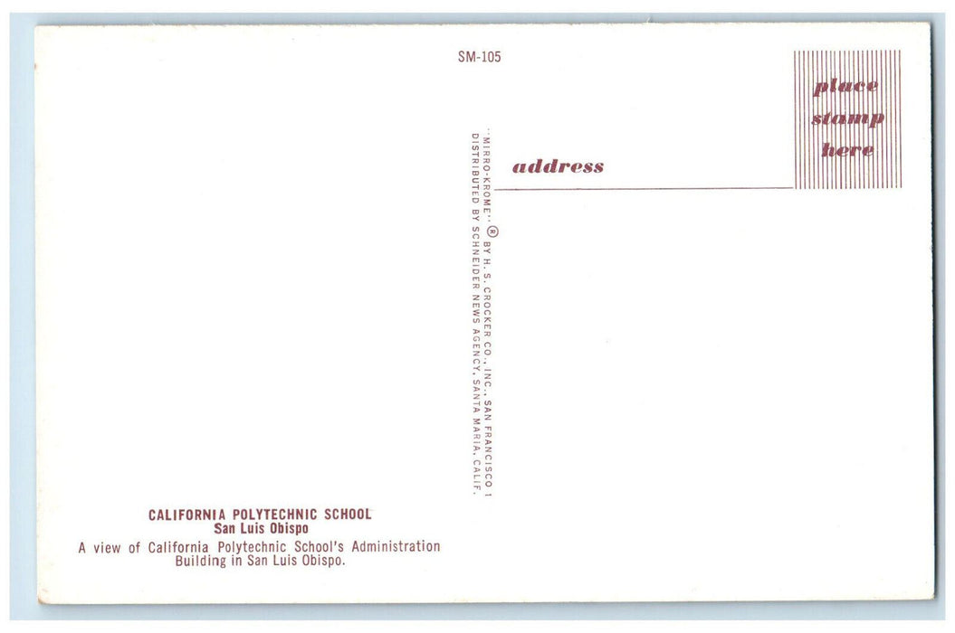 c1960's California Polytechnic School Admin Building San Luis Obispo CA Postcard