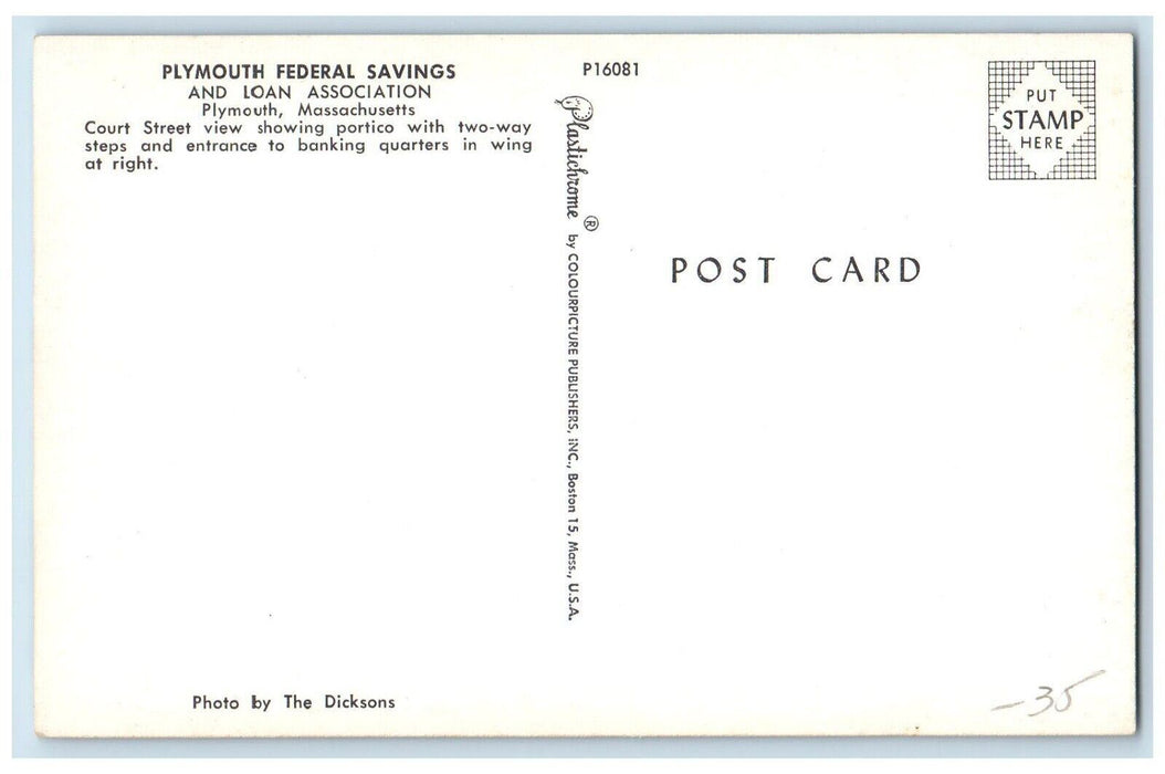Plymouth Federal Savings And Loan Association Plymouth Massachusetts MA Postcard