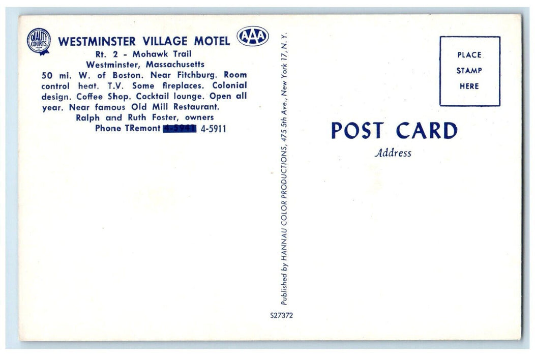Westminster Village Motel Room View Fireplace Westminster MA Vintage Postcard