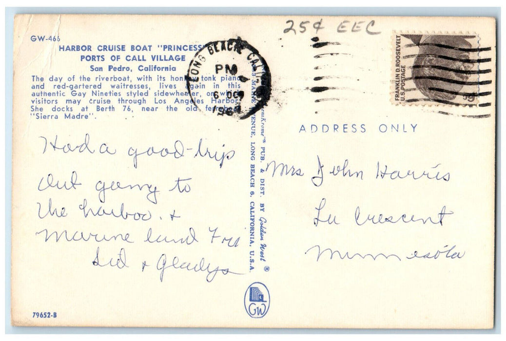 1967 Cruise Boat "Princess" Ports of Call Village San Pedro CA Postcard