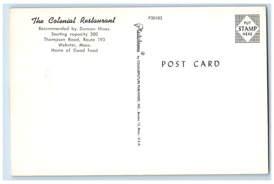 The Colonial Restaurant Thompson Road Webster Massachusetts MA Vintage Postcard