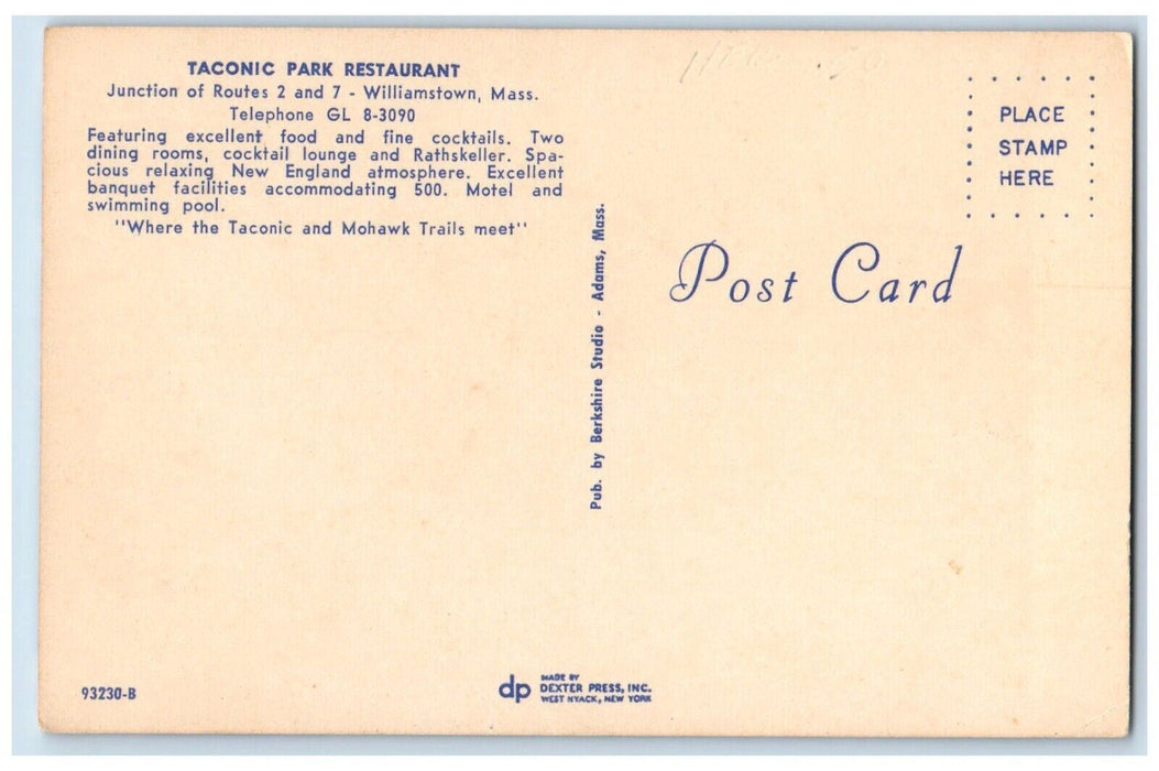 Taconic Park Restaurant Dining Room Williamstown Massachusetts MA Postcard