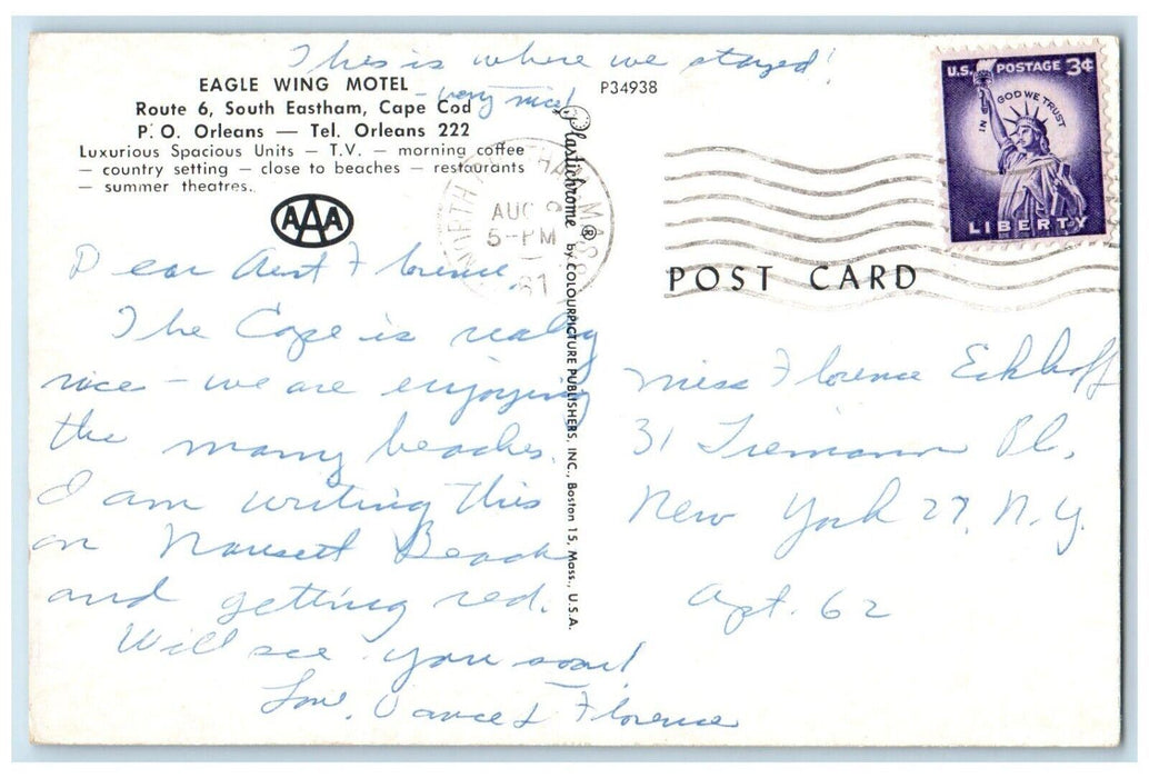 1961 Eagle Wing Motel Roadside Cape Cod Massachusetts MA Posted Vintage Postcard