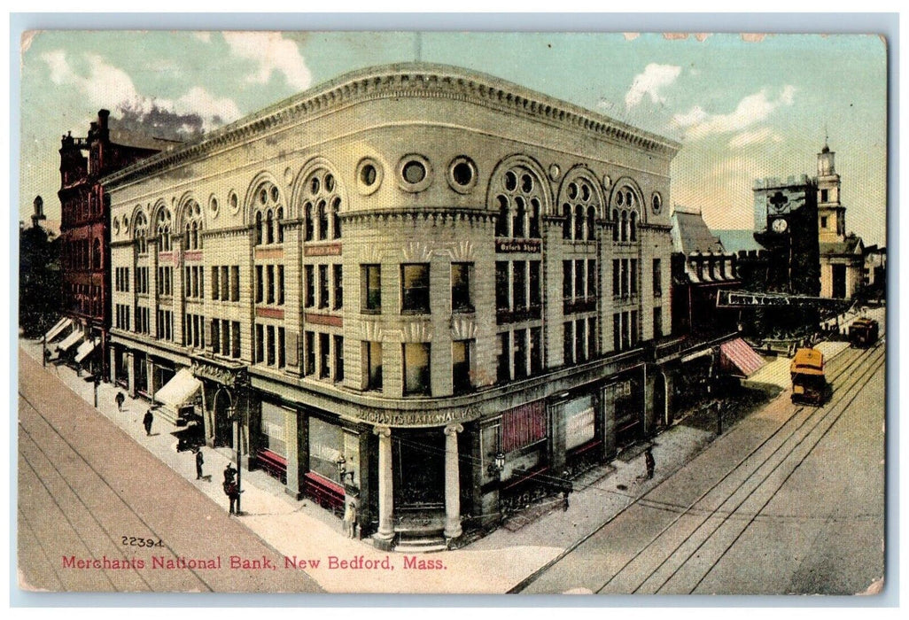 1908 Merchant National Bank Trolley New Bedford Massachusetts MA Posted Postcard