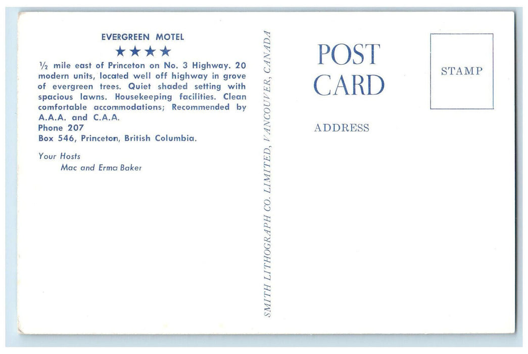 c1960's Chairs, Trees Evergreen Motel Princeton British Columbia Canada Postcard