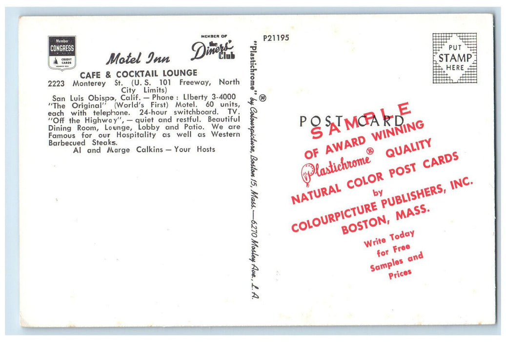 c1960's Motel Inn, Cafe & Cocktail Lounge, Freeway, San Luis Obispo CA Postcard