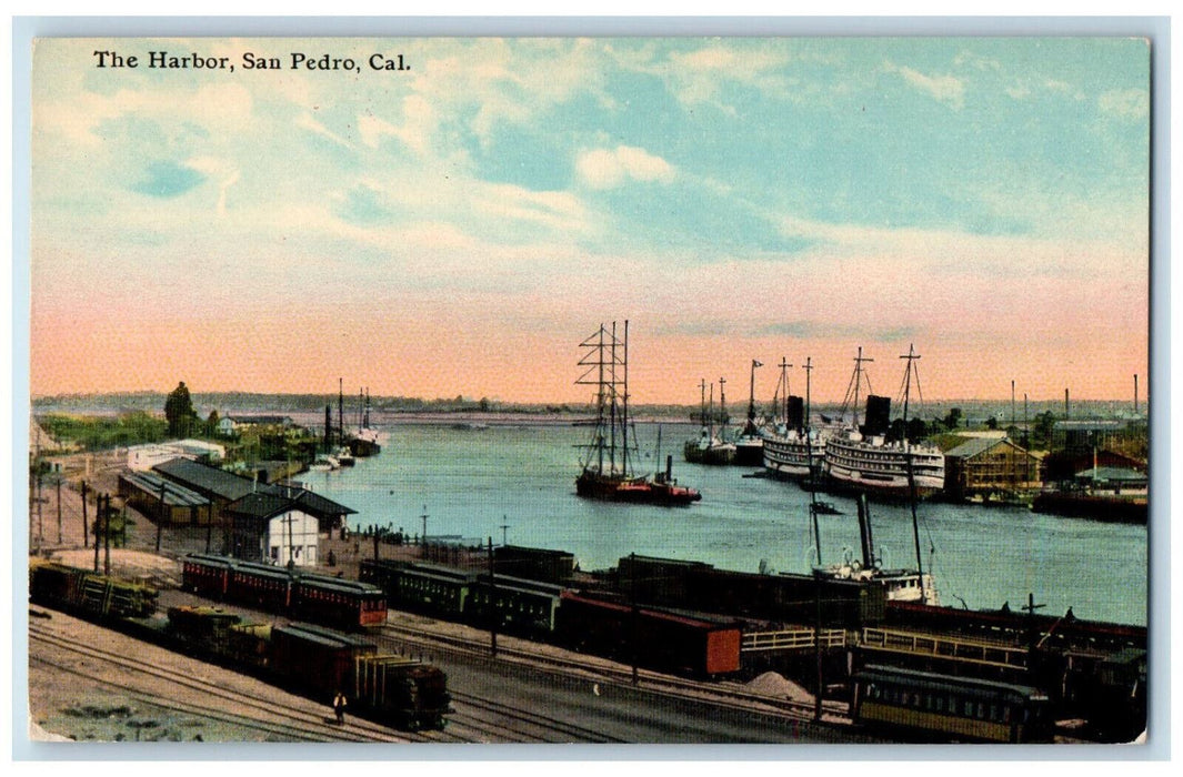 c1910's Train Locomotive, Steamships The Harbor San Pedro California CA Postcard