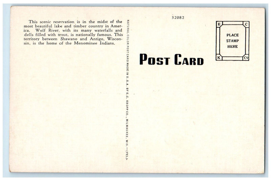 c1950's Bear Trap Falls, Menominee Indian Reservation Wisconsin WI Postcard