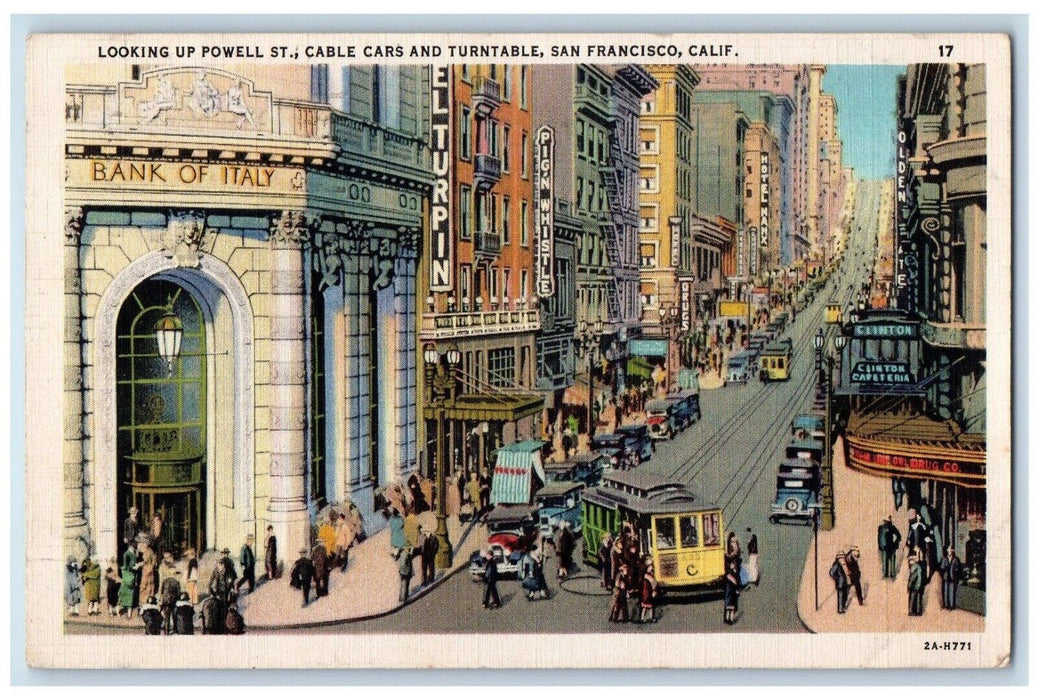 1933 Looking up Powell St. Cable Cards And Turntable San Francisco CA Postcard
