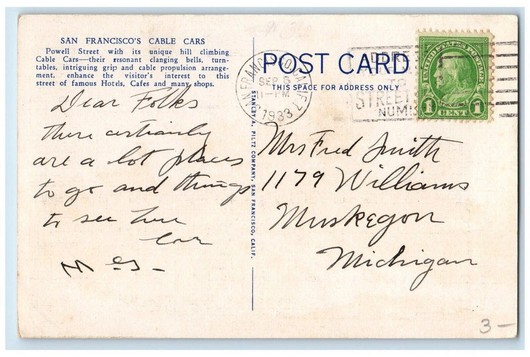 1933 Looking up Powell St. Cable Cards And Turntable San Francisco CA Postcard