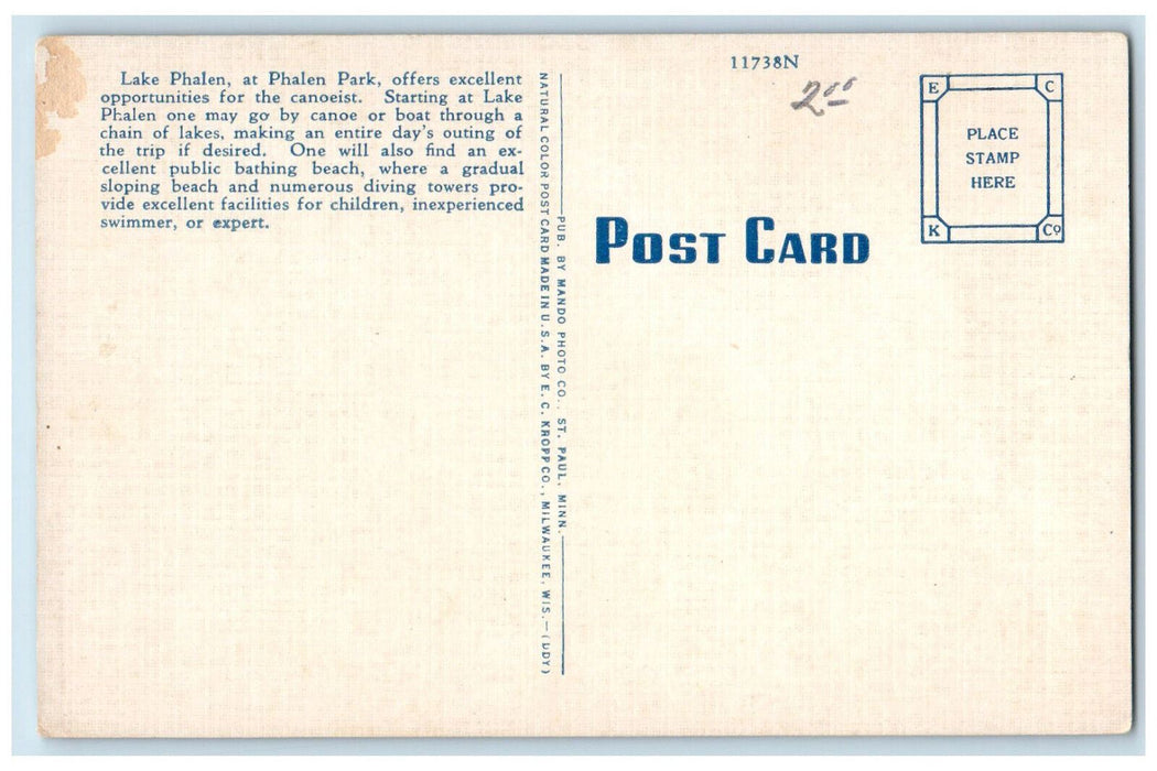 c1940's Lake Phalen at Phalen Park St. Paul Minnesota MN Vintage Postcard