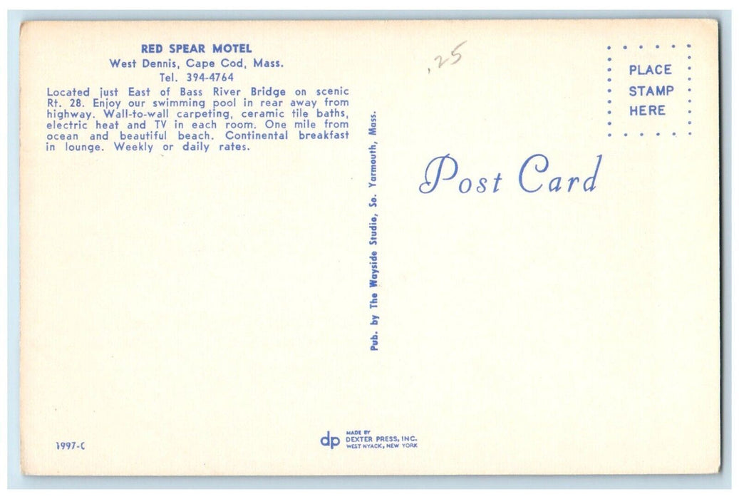 Red Spear Motel Cars Swimming Pool Cape Cod Massachusetts MA Vintage Postcard